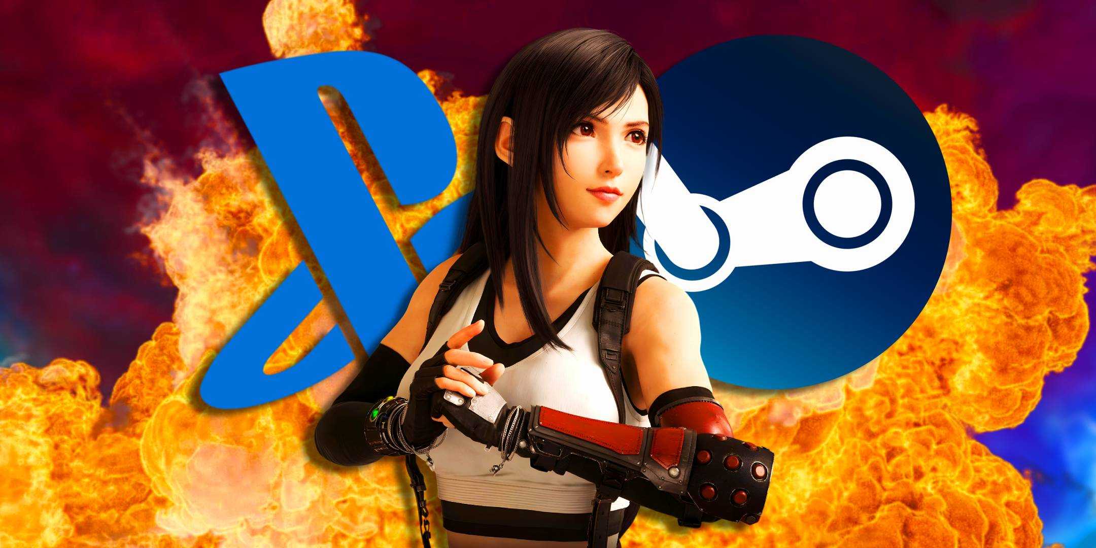 Тифа из Final Fantasy 7 Rebirth рядом с логотипами Steam и PlayStation перед взрывом.