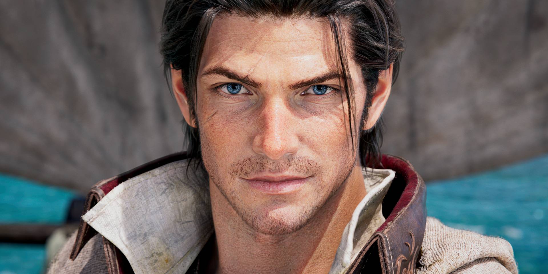 Воин света, с пушистыми черными волосами и голубыми глазами, ухмыляется в камеру с палубы корабля на скриншоте из трейлера для FF14 Dawntrail.