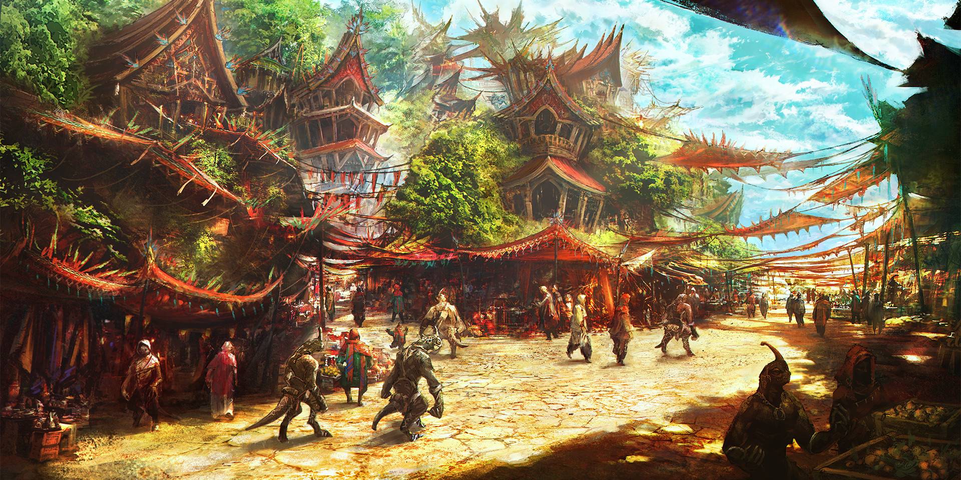 Улочка в городе Тулийоллак. Многоэтажные дома с двускатной крышей расположены среди деревьев, а также проходит разнообразная толпа.