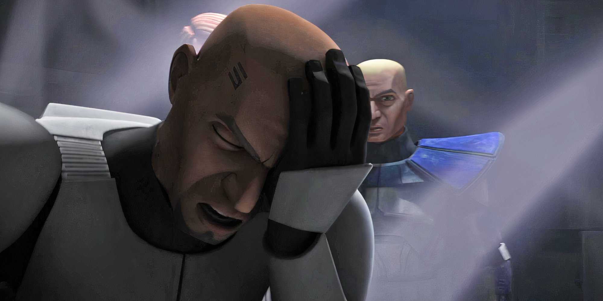 Файв держит голову в отчаянии, когда говорит с Анкарином Скайуокером и капитаном Рексом, которые стоят за ним.