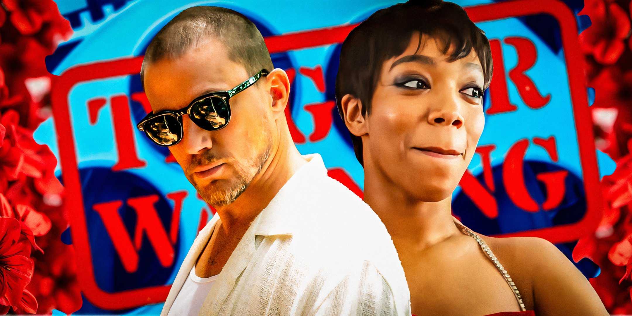 Фрида и Слэтер из "Blink Twice" стоят перед словами