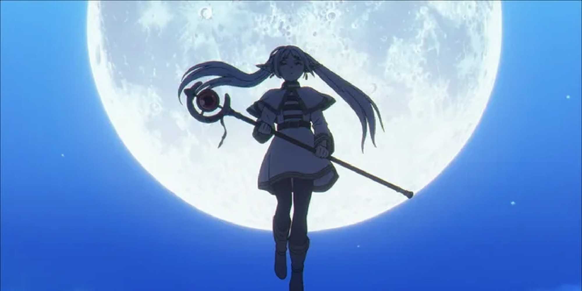 Фрирен, летящая перед полной луной в аниме-адаптации *Frieren*.