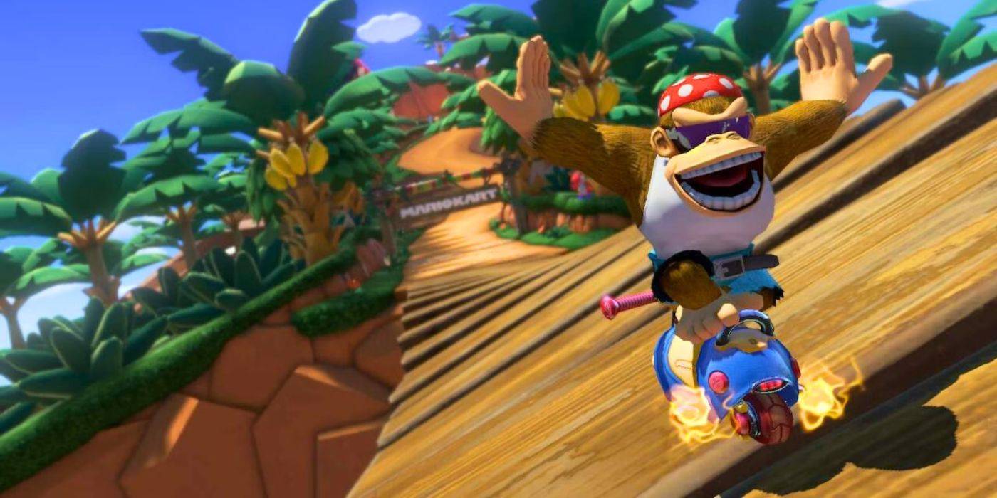 Funky Kong на мосту DK Mountain в Mario Kart 8 Deluxe.