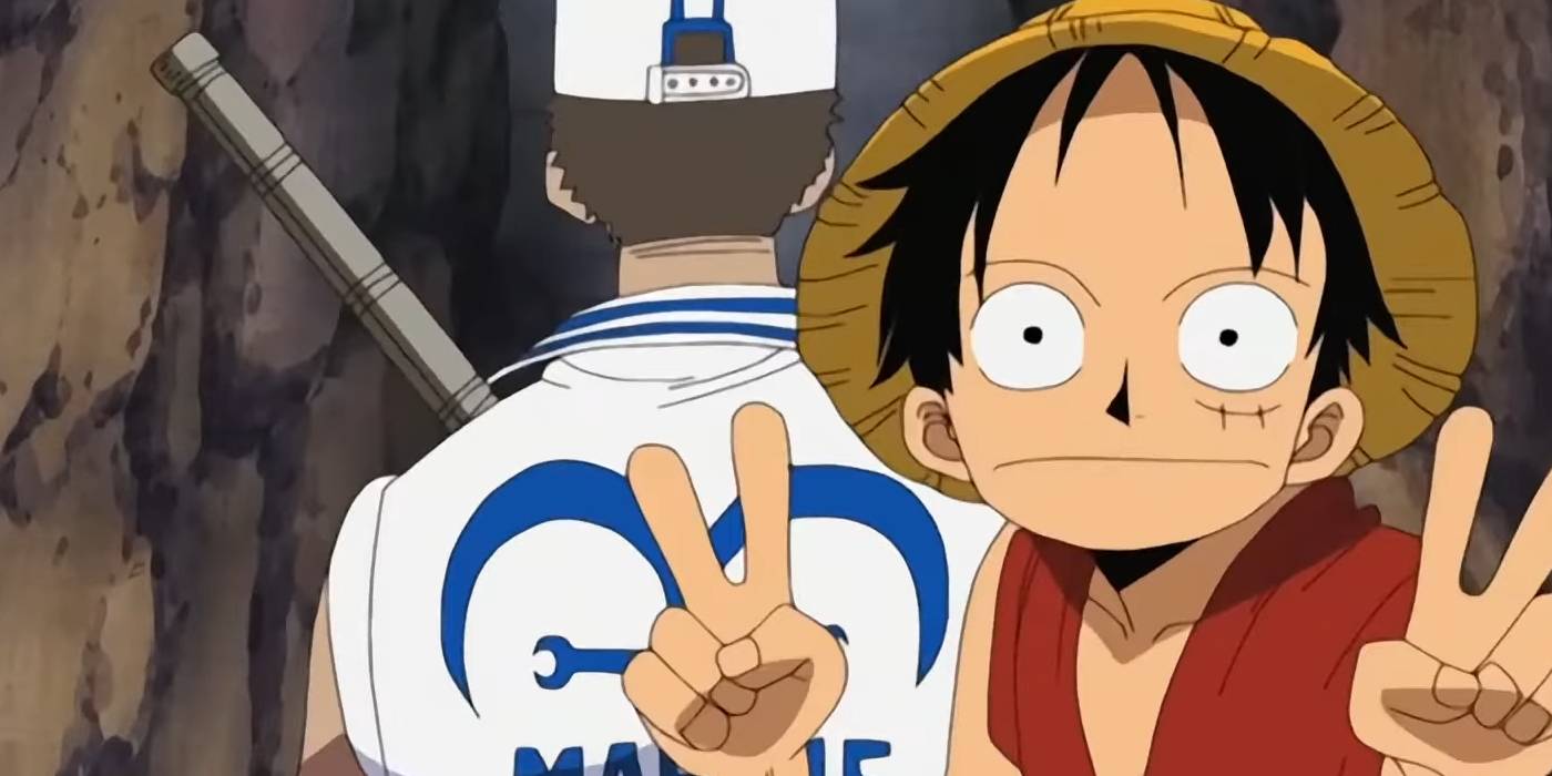Скриншот из аниме "One Piece", на котором Люфи стоит за морским пехотинцем, а Люфи смотрит на рамку с двумя знаками мира.