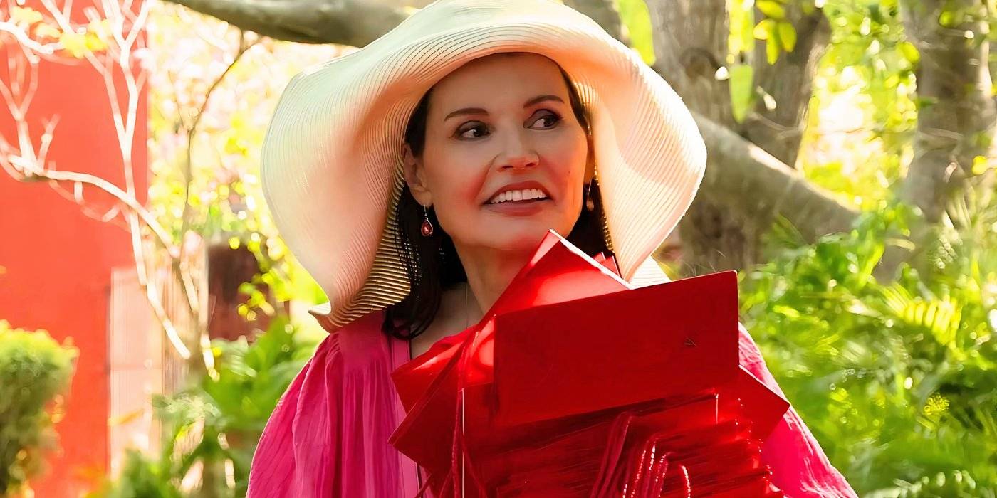 Джина Дэвис в роли Стейси, держащей подарочные пакеты в фильме "Дважды моргни"