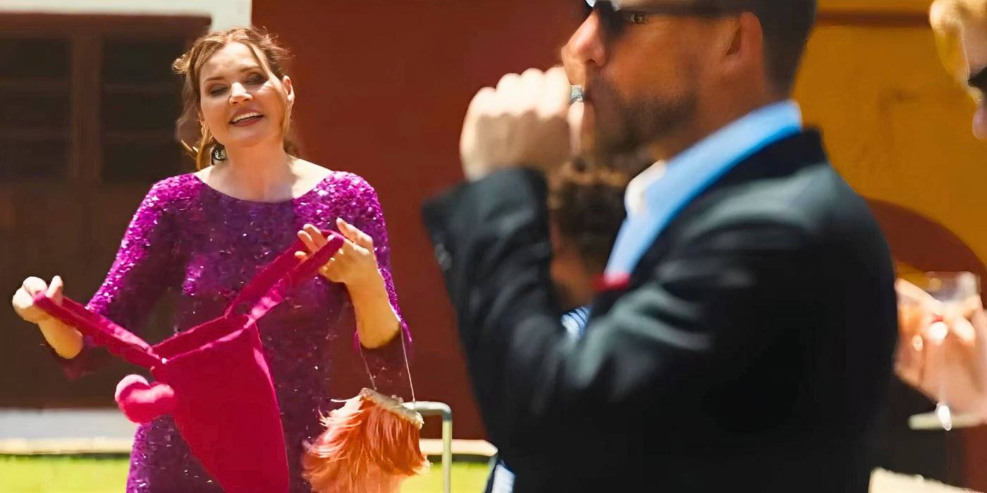 Джина Дэвис в роли Стейси, собирающей телефоны гостей в Blink Twice