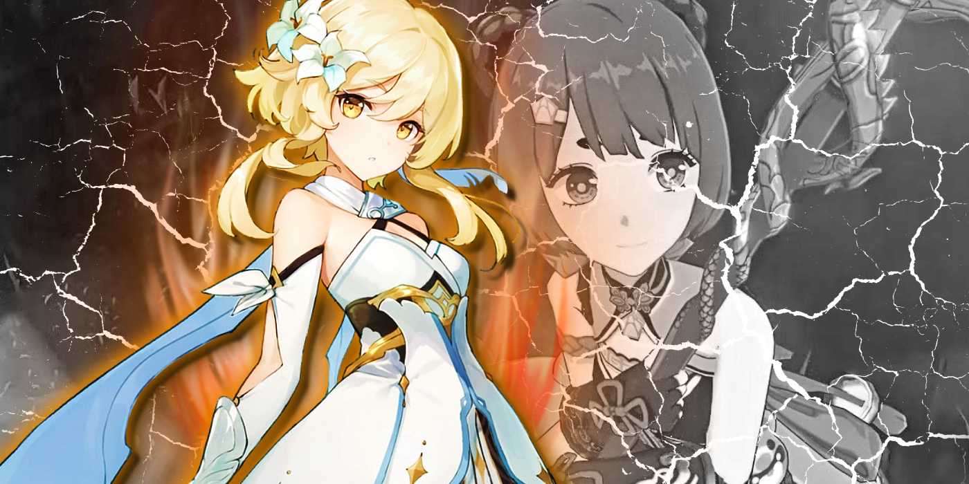 Путешественница из "Genshin Impact" появляется в пламени перед потрескивающей черно-белой фотографией Сянлин.