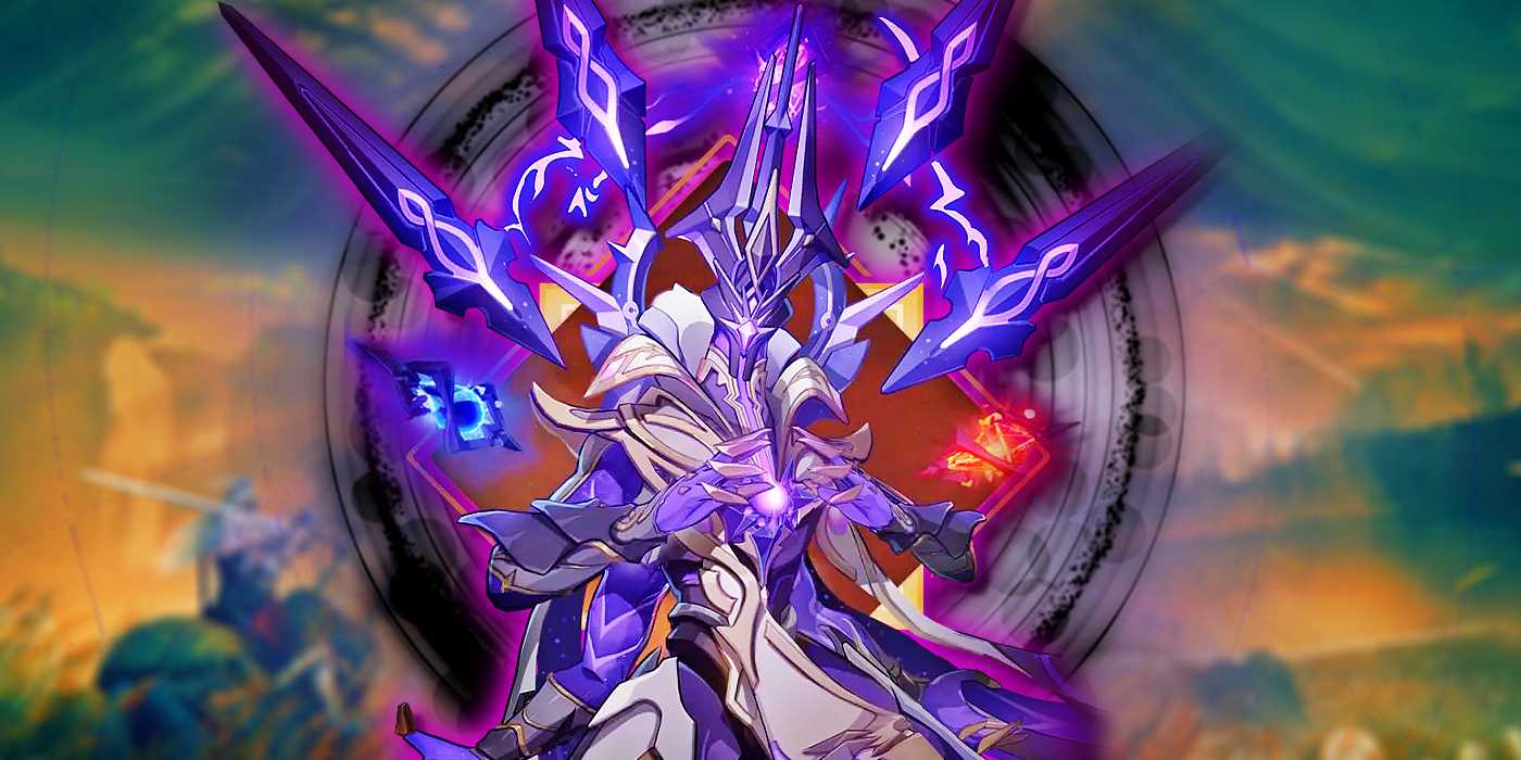 Iniquitous Baptist из Genshin Impact позирует с Land of Shadow из Elden Ring на заднем плане.