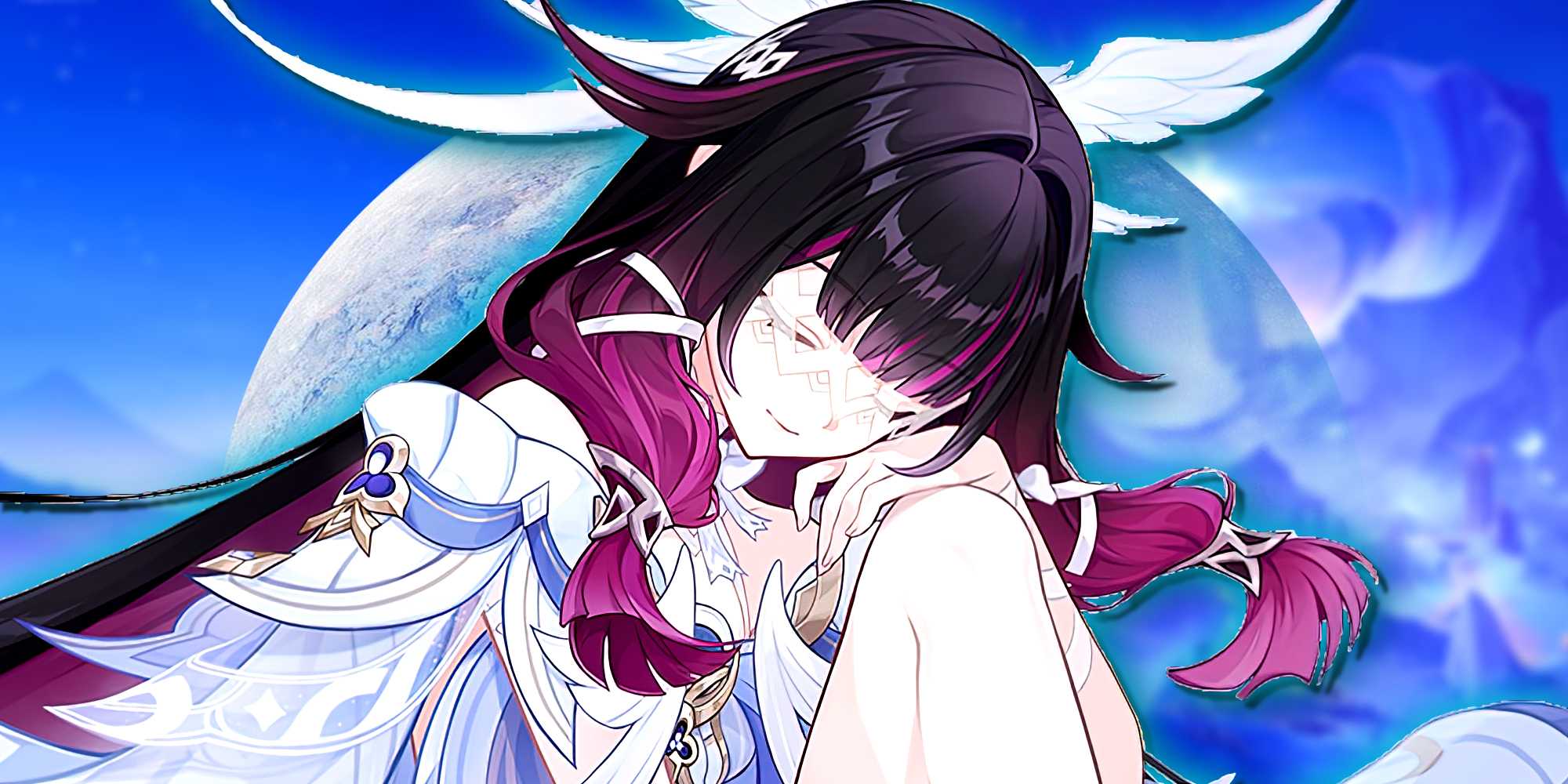 Колумбина кладет голову на руку, которая лежит на колене в Genshin Impact.