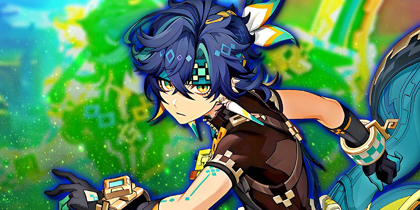 Кинич из Genshin Impact с серьезным выражением лица, позирует.