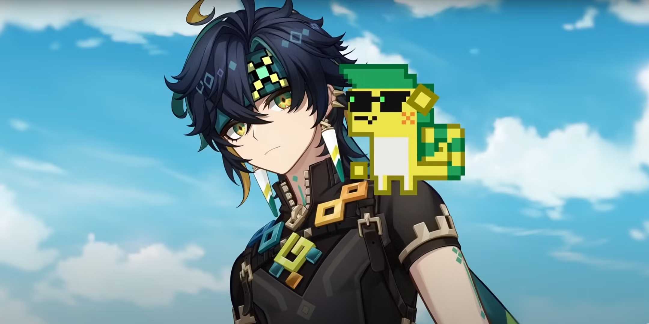 Аджав из Genshin Impact сидит на плече Кинича.