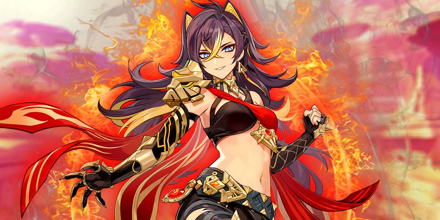 Деха из Genshin Impact позирует с кольцом огня позади нее.