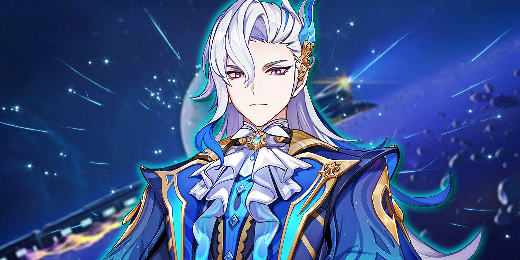 Неувиллет из Genshin Impact серьезно позирует перед Astral Express из Honkai: Star Rail.