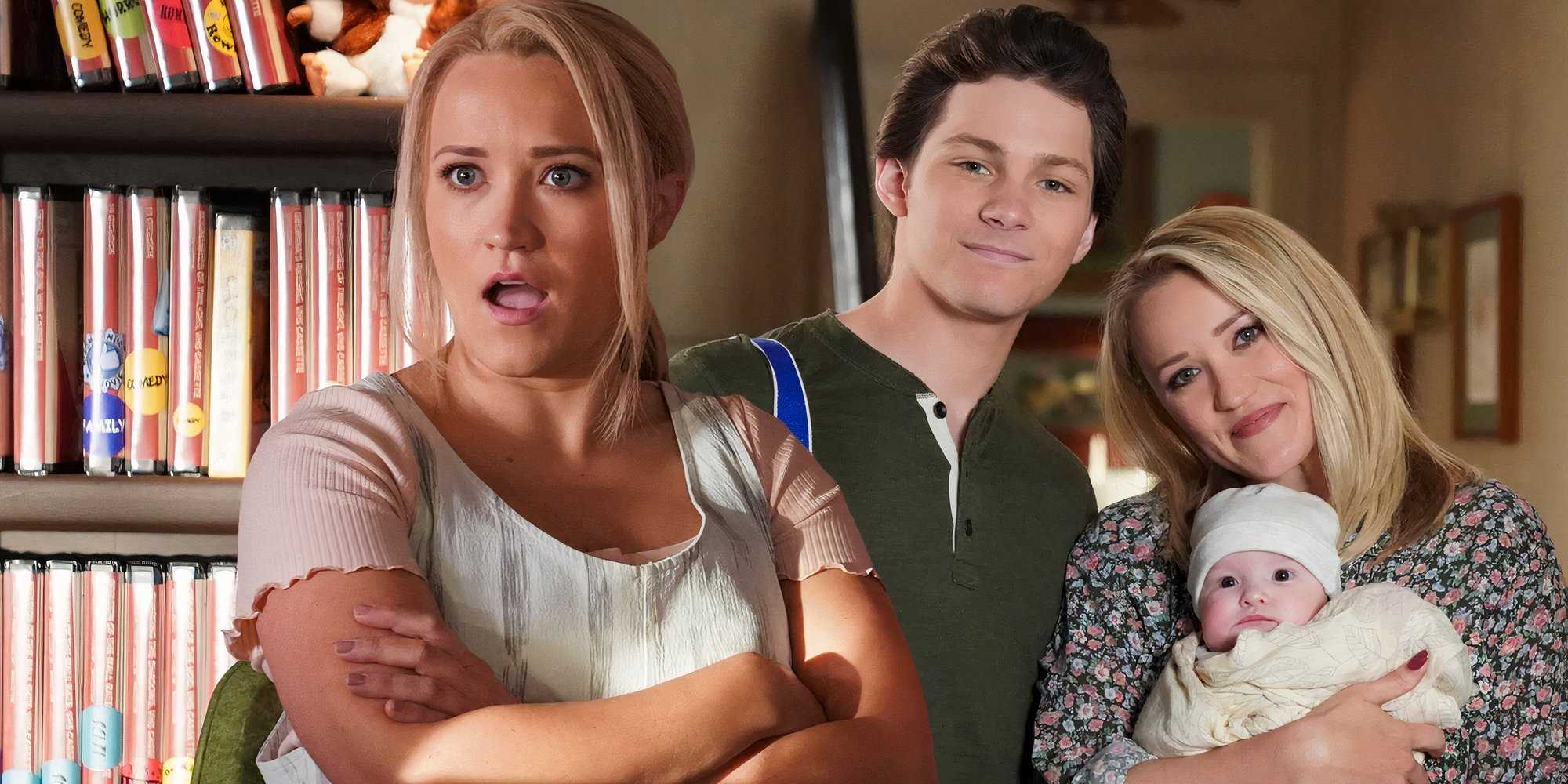 Композитное изображение Манди, выражающей шок, с перекрещенными руками, рядом с Георги и Манди, позирующими с Цесе из "Young Sheldon"