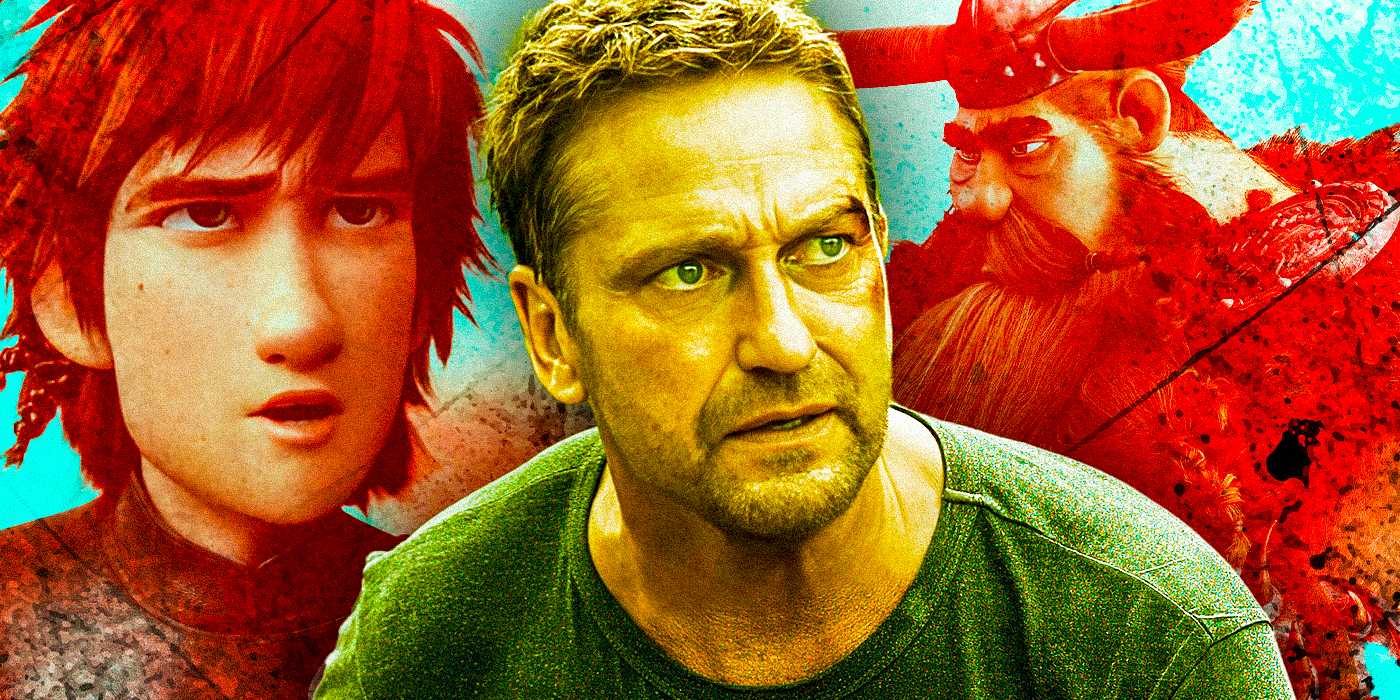 Гэрард Батлер в роли Броди из фильма "Самолет" между Стоиком Великим и Хиккупом из серии "Как приручить дракона"