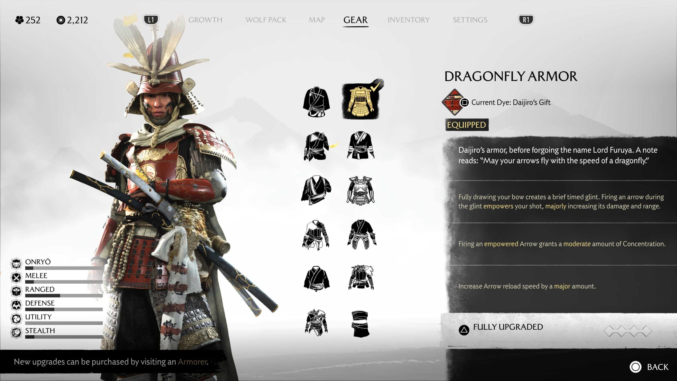 Ацу в броне "Dragonfly" в Ghost of Yotei.