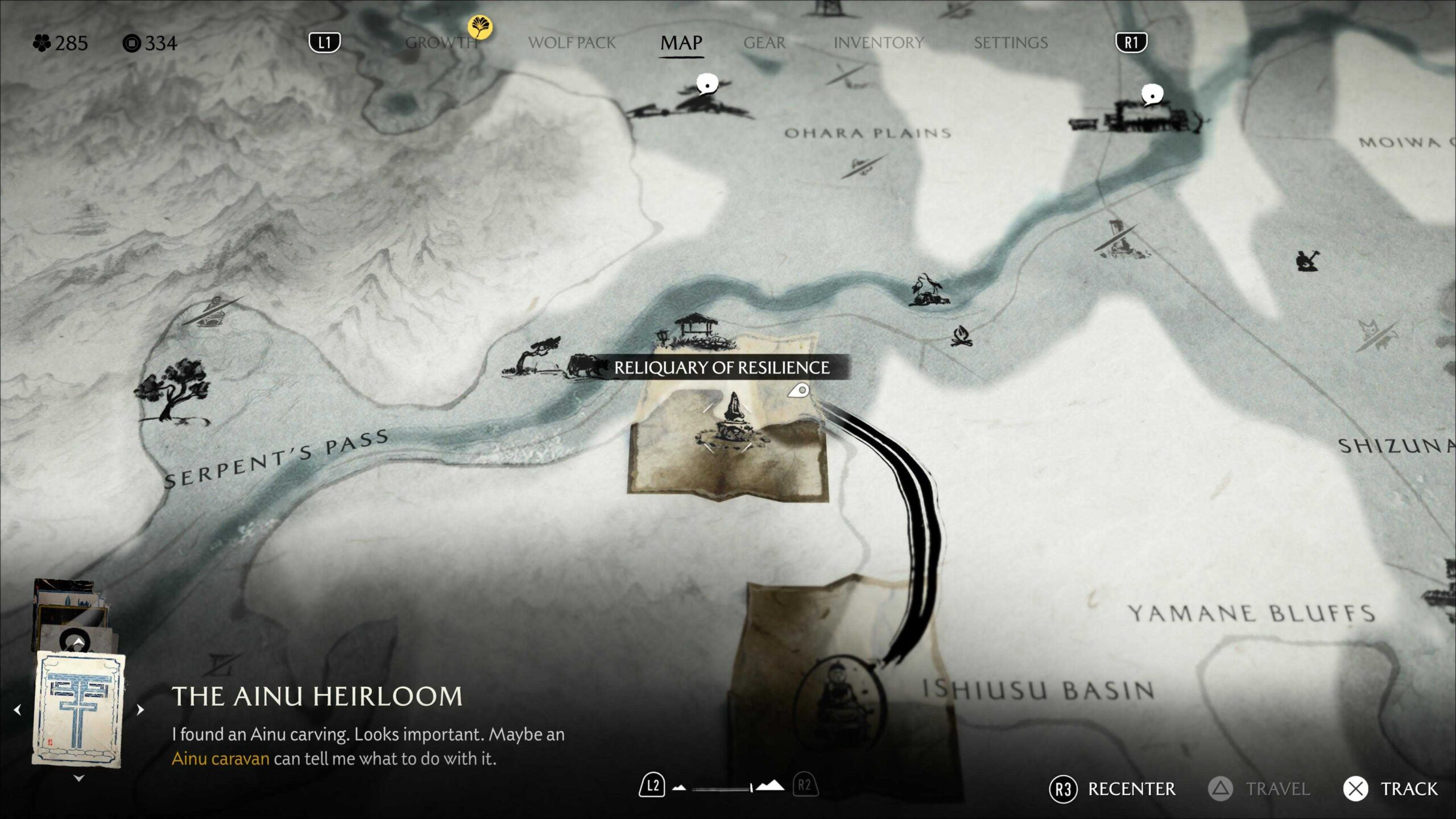 Скриншот карты "Ghost of Yotei" с указанием местоположения Хранилища Устойчивости.