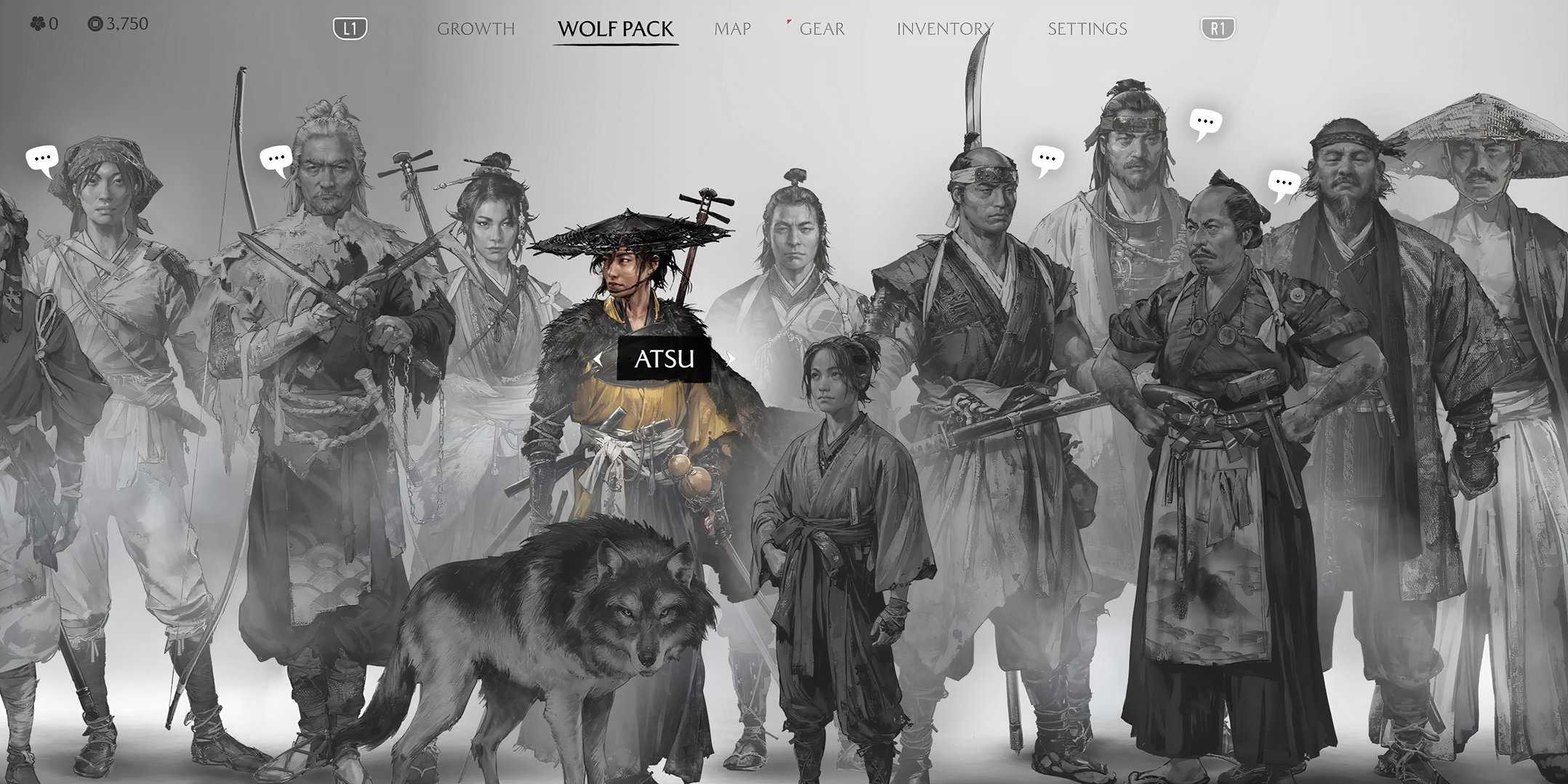 Экран "The Ghost of Yotei Wolfpack" с изображением каждого персонажа.