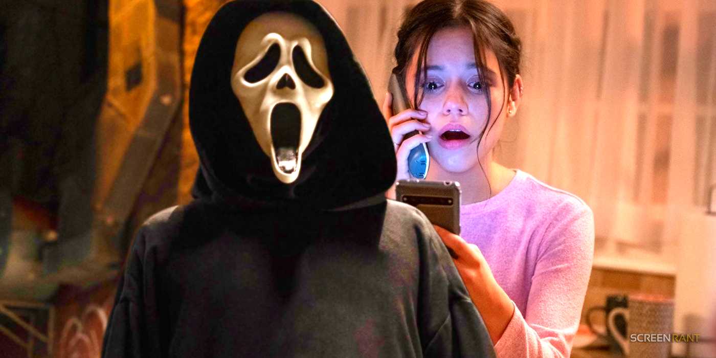 Смешанное изображение Ghostface в Scream 6 и Дженны Ортеги в роли Тары в Scream 5