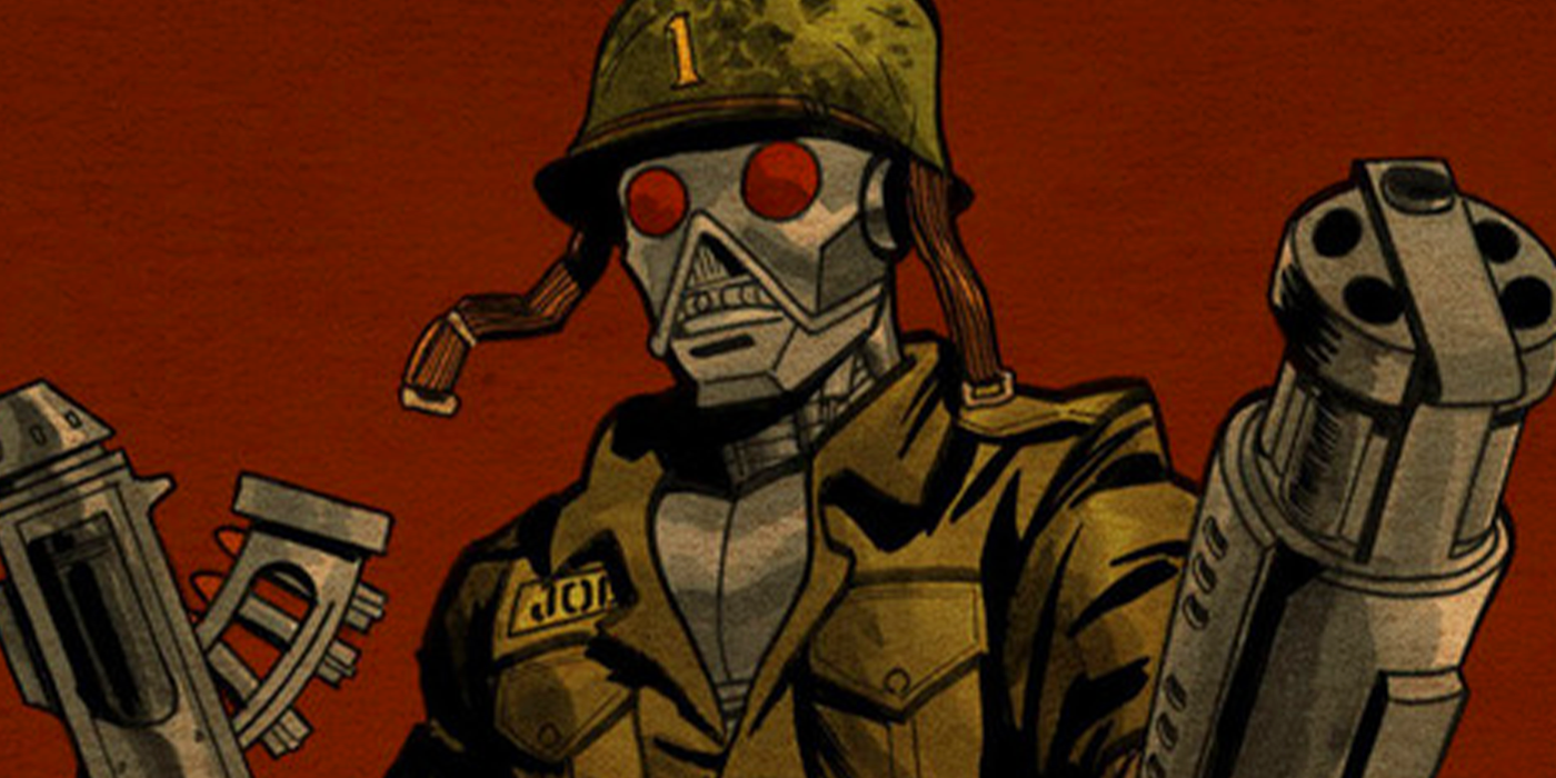 Член команды Creature Commandos, G.I. Robot, держащий оружие в DC Comics