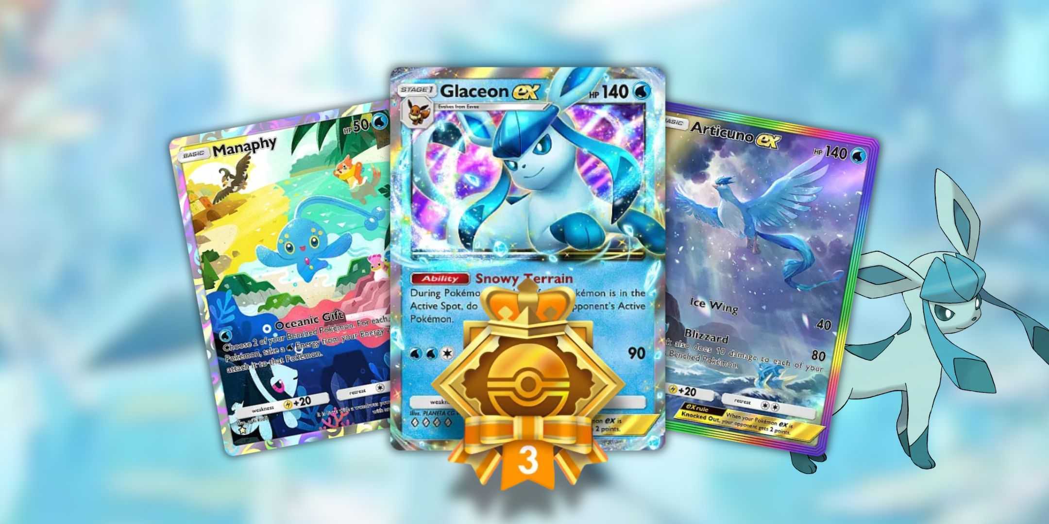 Glaceon ex, Manaphy, и Articuno ex в Pokémon TCG Pocket с эмблемой Gold Triumphant Light.