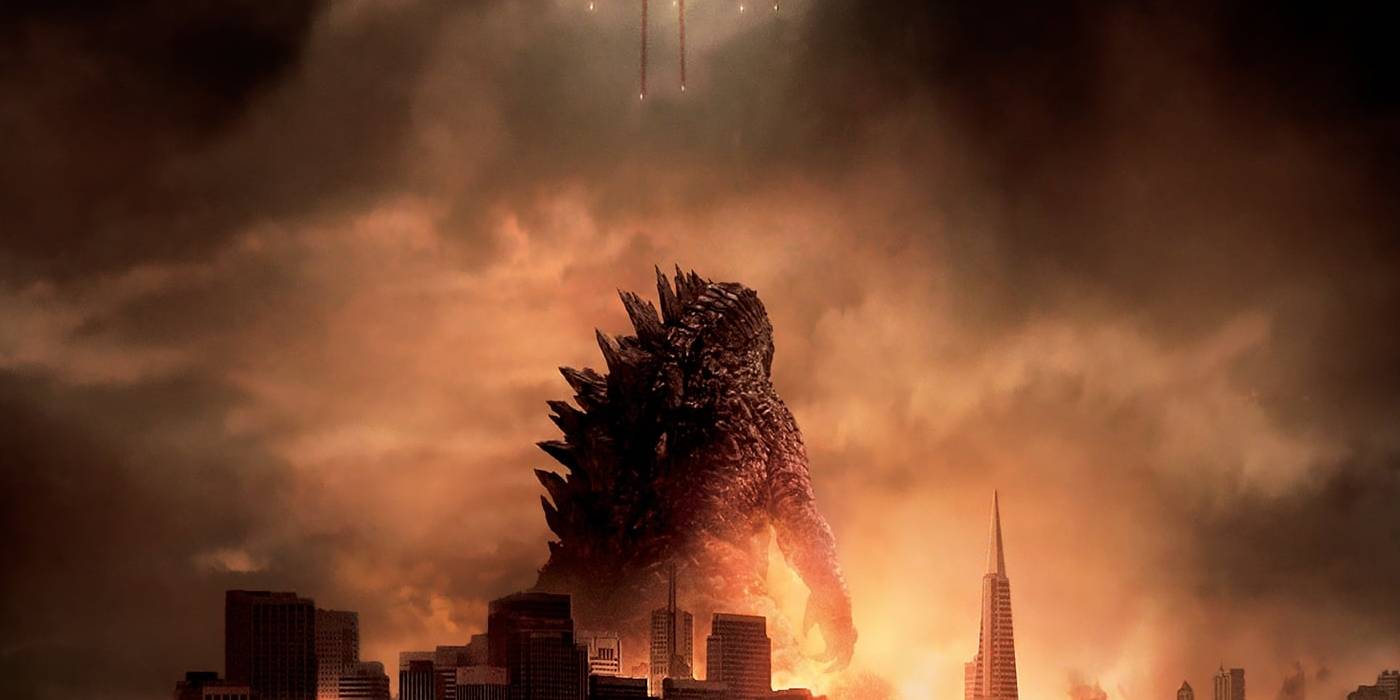 Постер фильма "Godzilla 2014" - На нем изображен Годзилла, возвышающийся над дымящимся городом