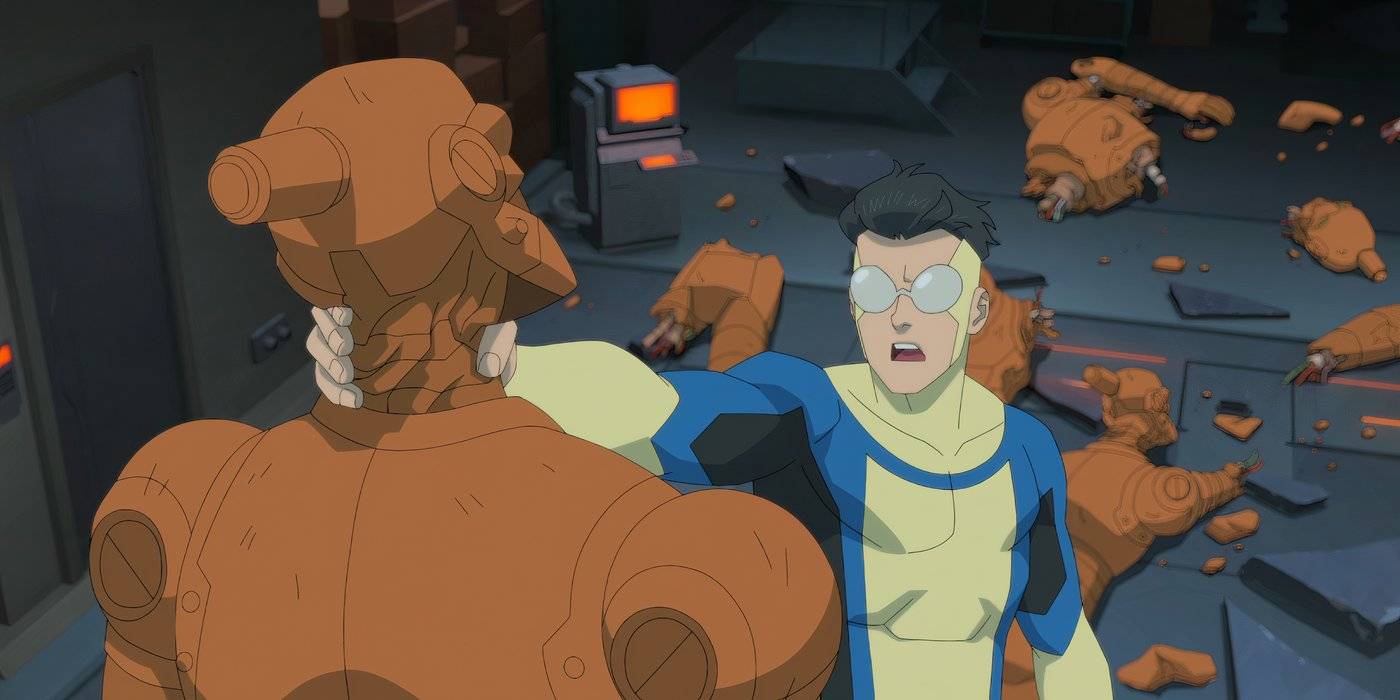 Очки Invincible, держащий робота за шею в 3 сезоне Invincible (2025)