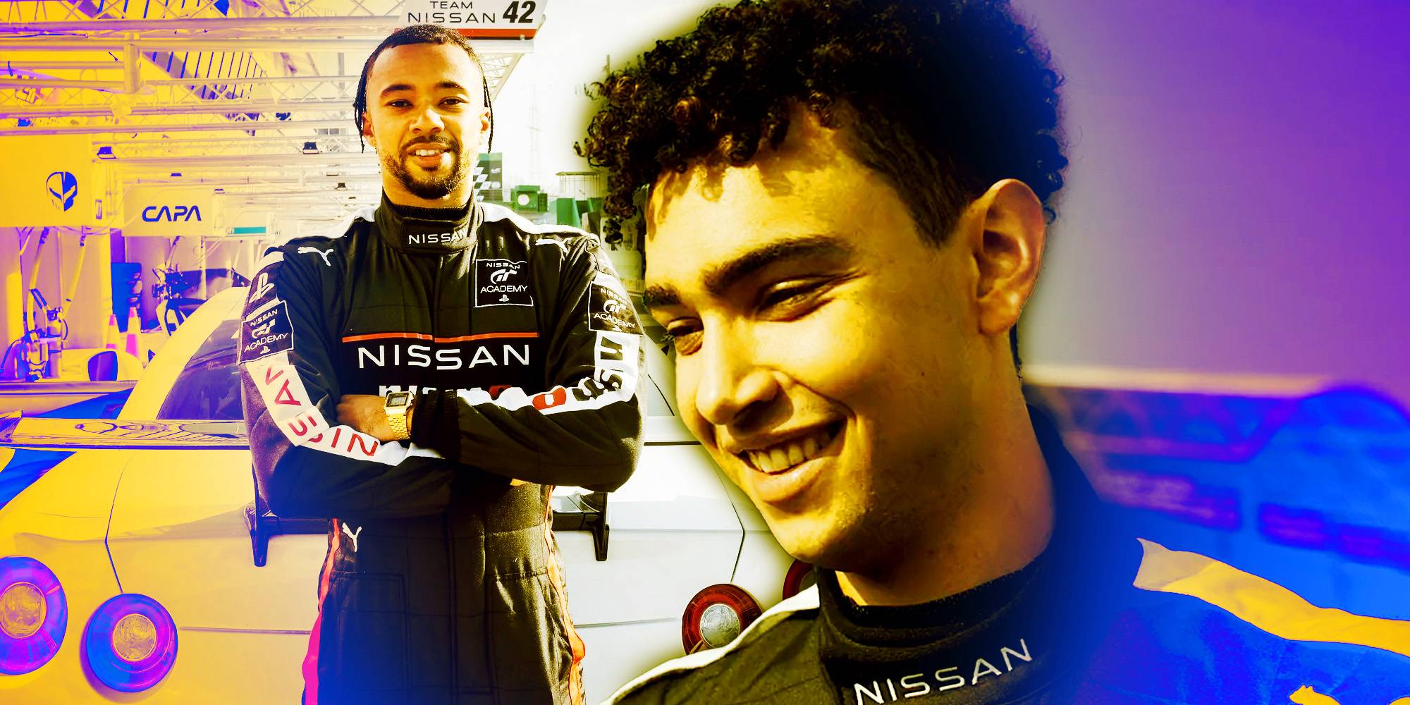 Jann Mardenborough в реальной жизни и Archie Madekwe в роли Jann Mardenborough в Gran Turismo.
