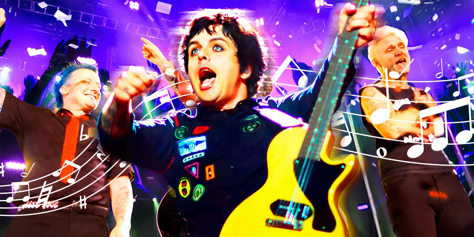 Green Day выступает на сцене, держа свои гитары, отредактировано с музыкальными нотами и фиолетовым фоном.