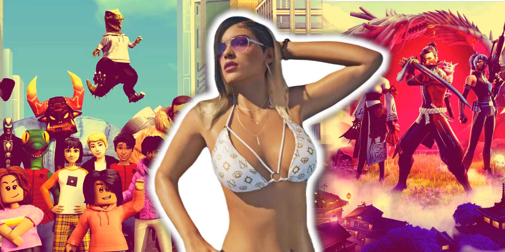 Главный герой GTA6 перед цветным фоном Roblox и Fortnite.