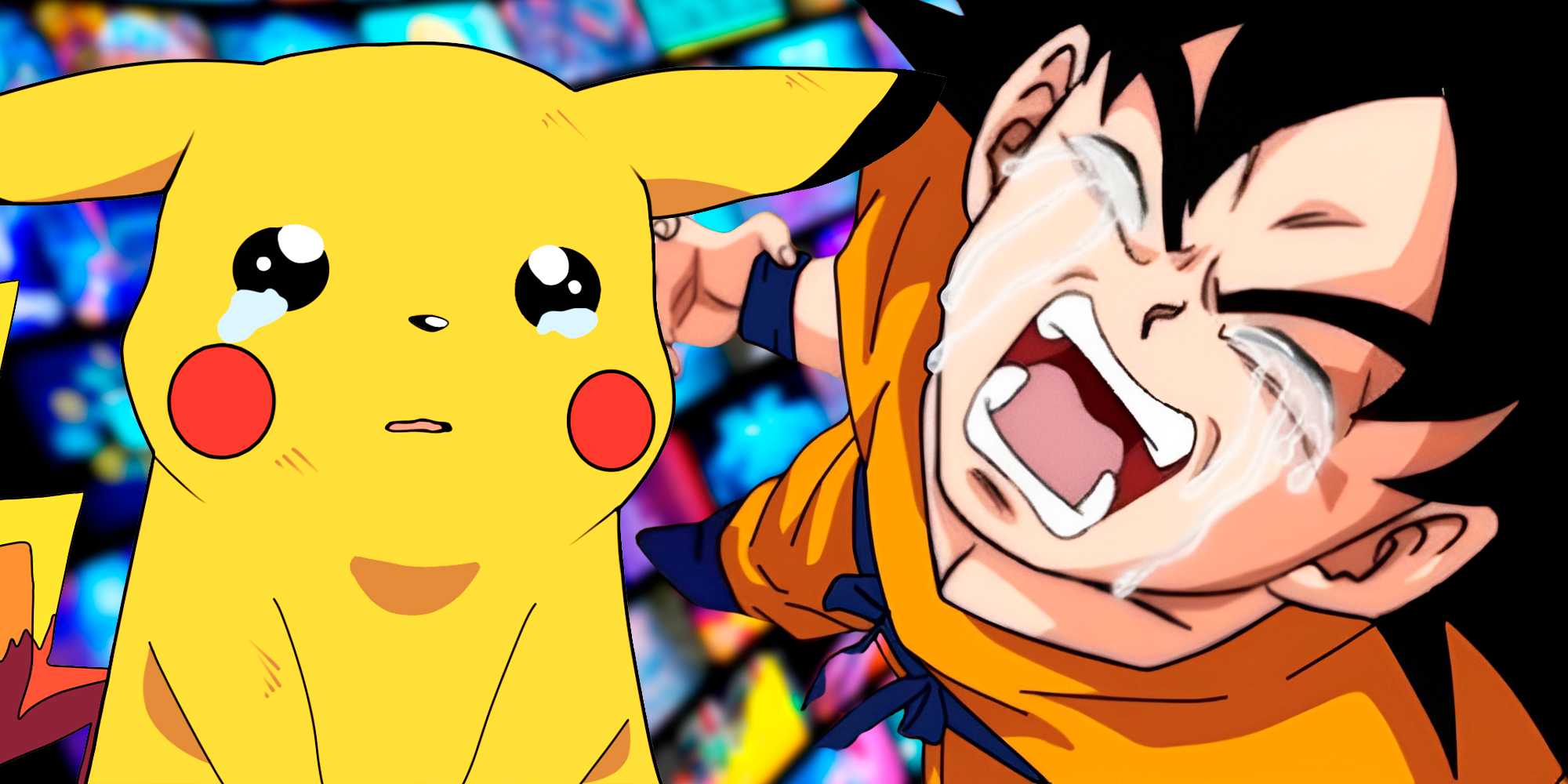 Гуко и Пикачу плачут на фоне, изображающем коллаж из аниме-сериалов.