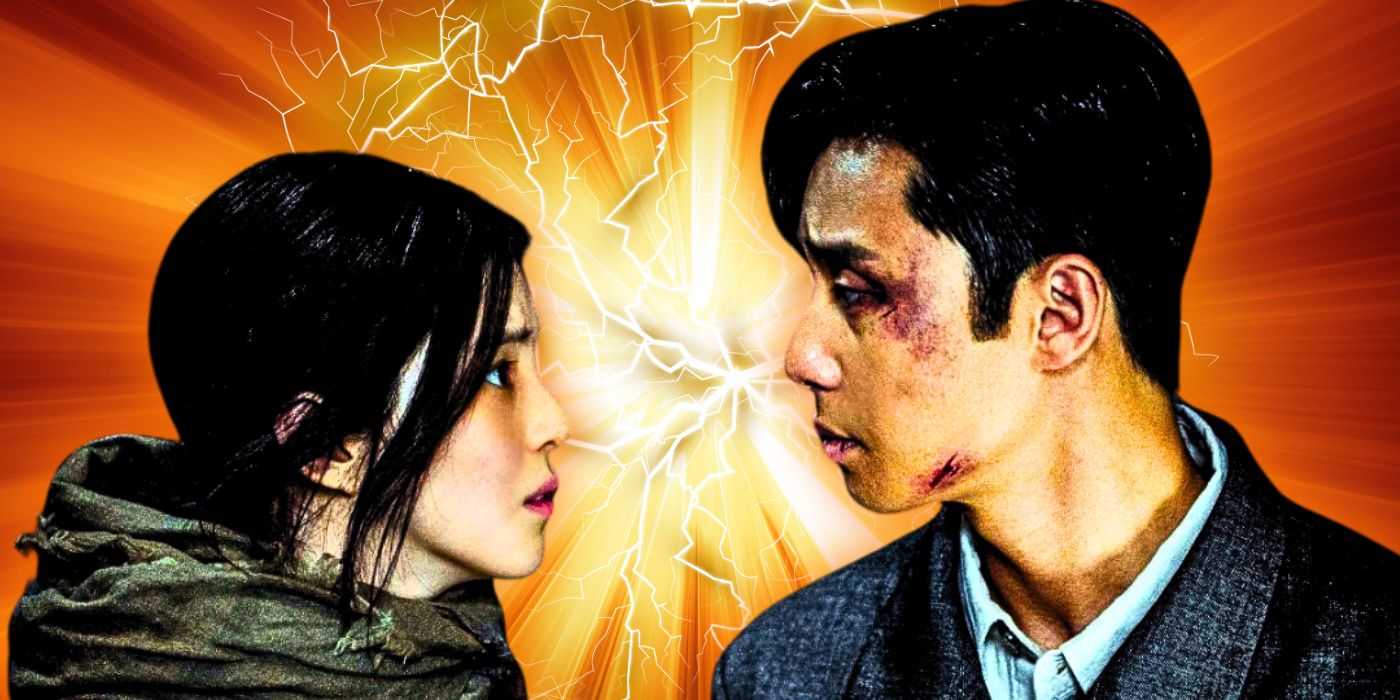 Настраиваемое изображение Таэ-санга и Чэ-ок, смотрящих друг на друга в "Существо из Кёнсонга"