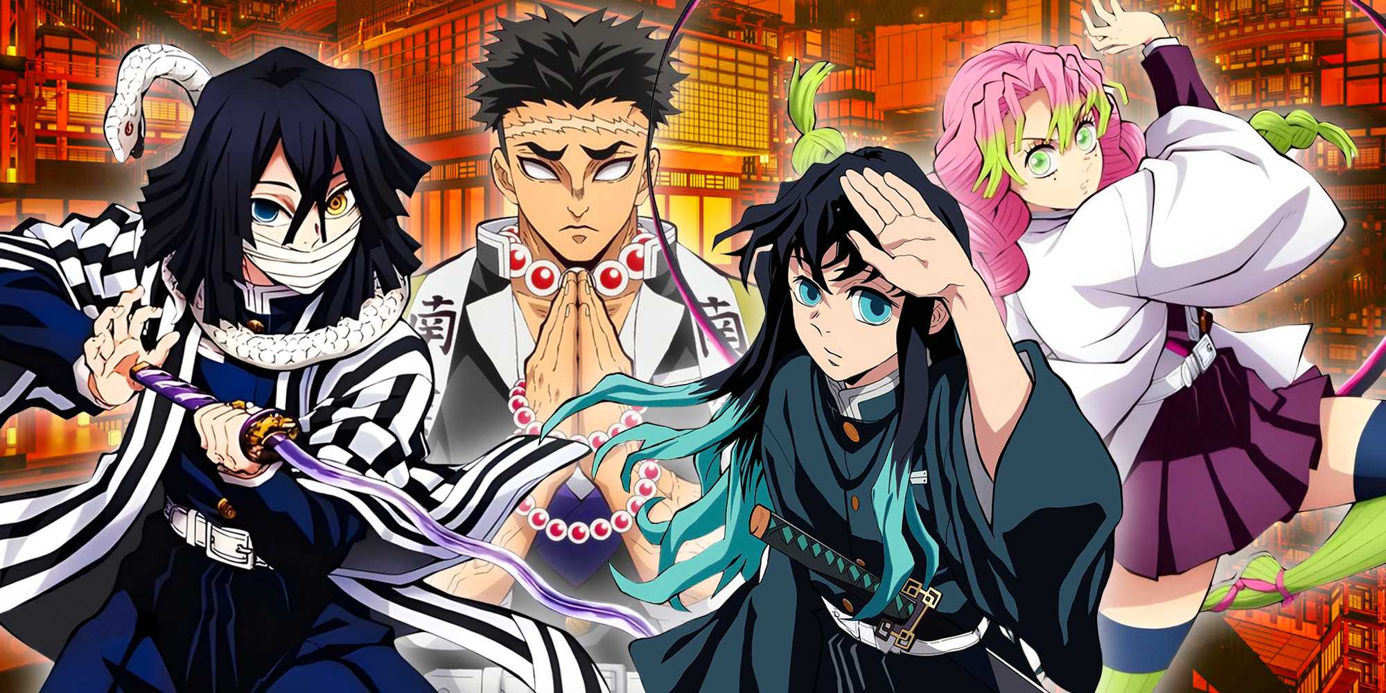 Гёме Химедзима, Обанай Игуро, Мицури Канродзи и Мучиро Токито перед замком *Infinity Castle*.