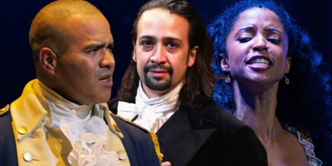 Смешанное изображение, на котором изображена оригинальная труппа мюзикла "Hamilton" на Бродвее, играющая роли Джорджа Вашингтона, Александра Гамильтона и Анжелики Шлюзер