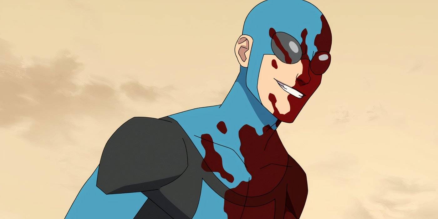 Head Cap Invincible, ухмыляющийся с кровью на половине тела в 3 сезоне "Invincible" (2025)