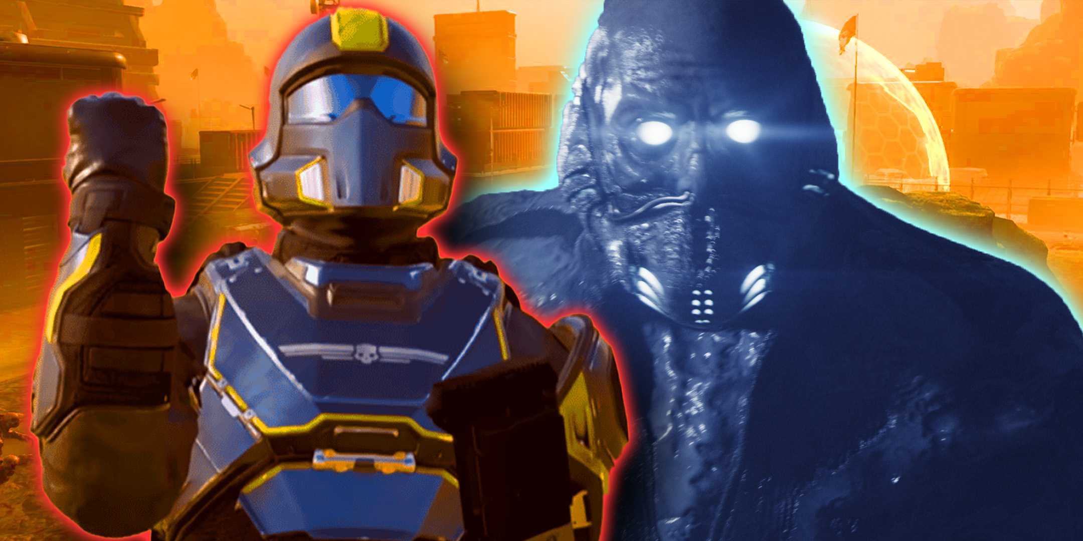 Helldivers 2. Солдат Helldivers рядом с зомби The Illuminate.