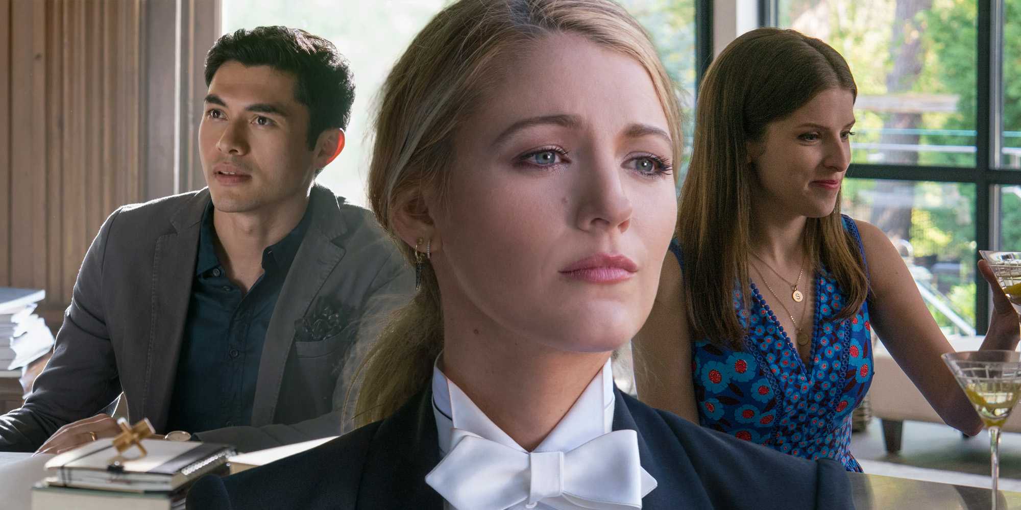 Композитное изображение Блэйк Ливи в костюме, смотрящей в камеру, и Генри Голдинга за своим столом, а также Анны Кендрик, поднимающей бокал с мартини в фильме *A Simple Favor*