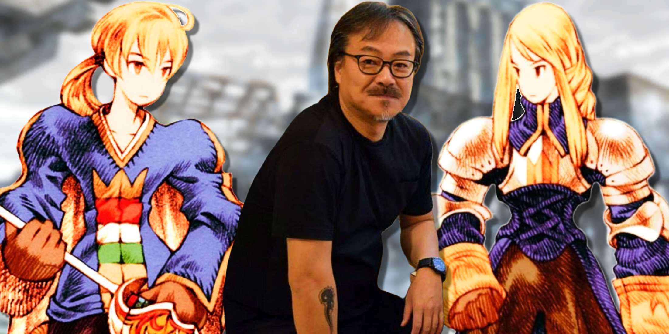 Хиронобу Сакагучи и персонаж из FF Tactics на фоне, не имеющем особого значения, из другой игры Сакагучи.