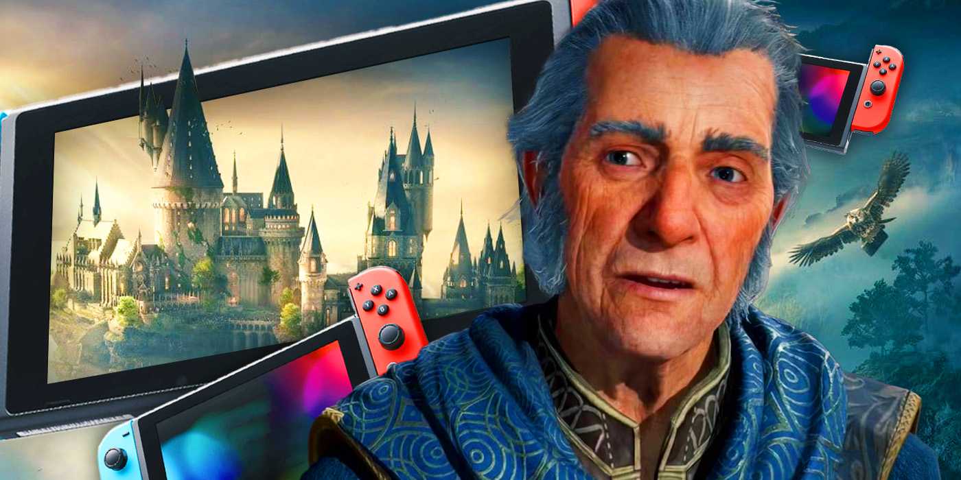 Замок Хогвартса с персонажем профессора и Nintendo Switch