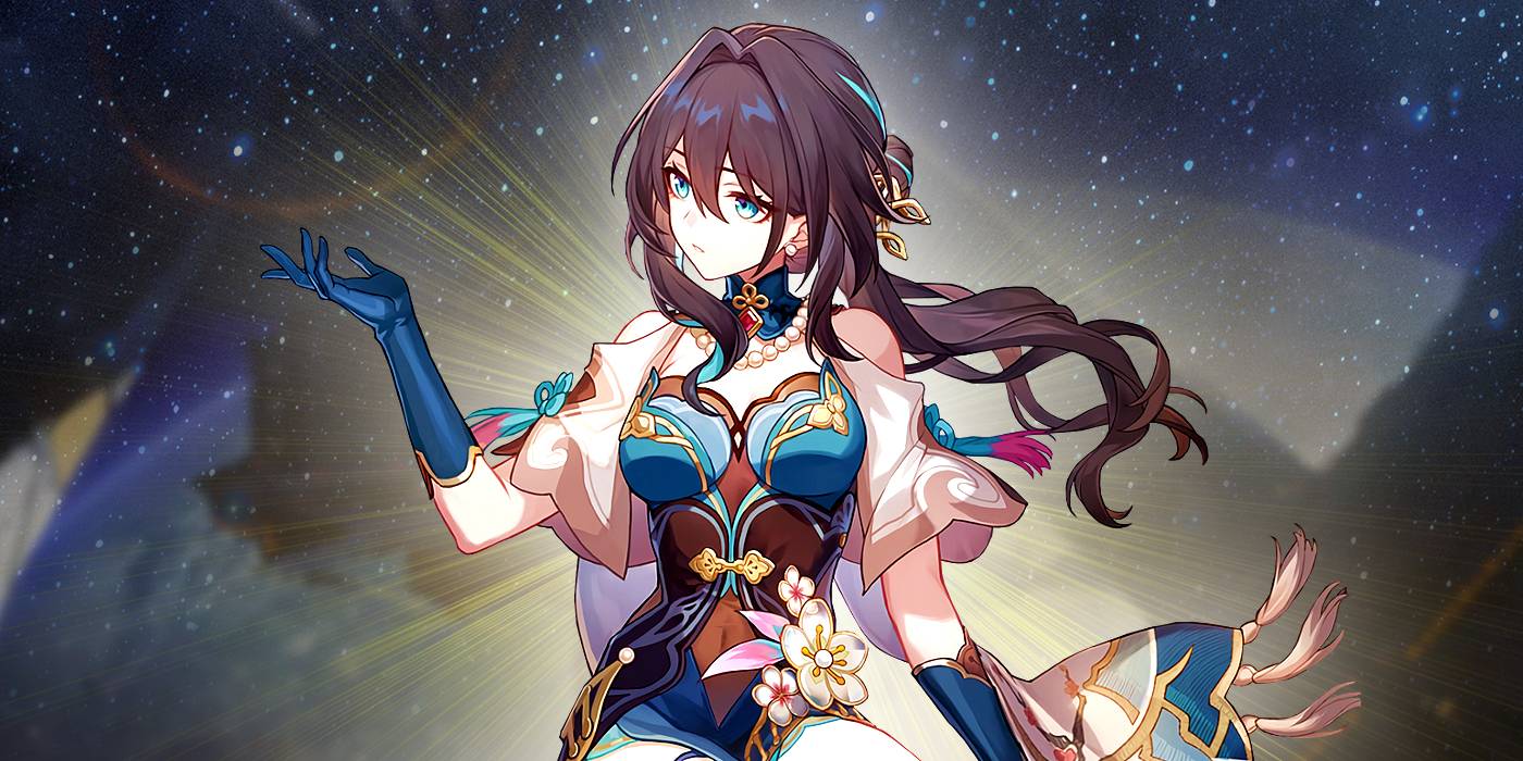 Руан Мэй из Honkai Star Rail выделена на фоне звездного неба.