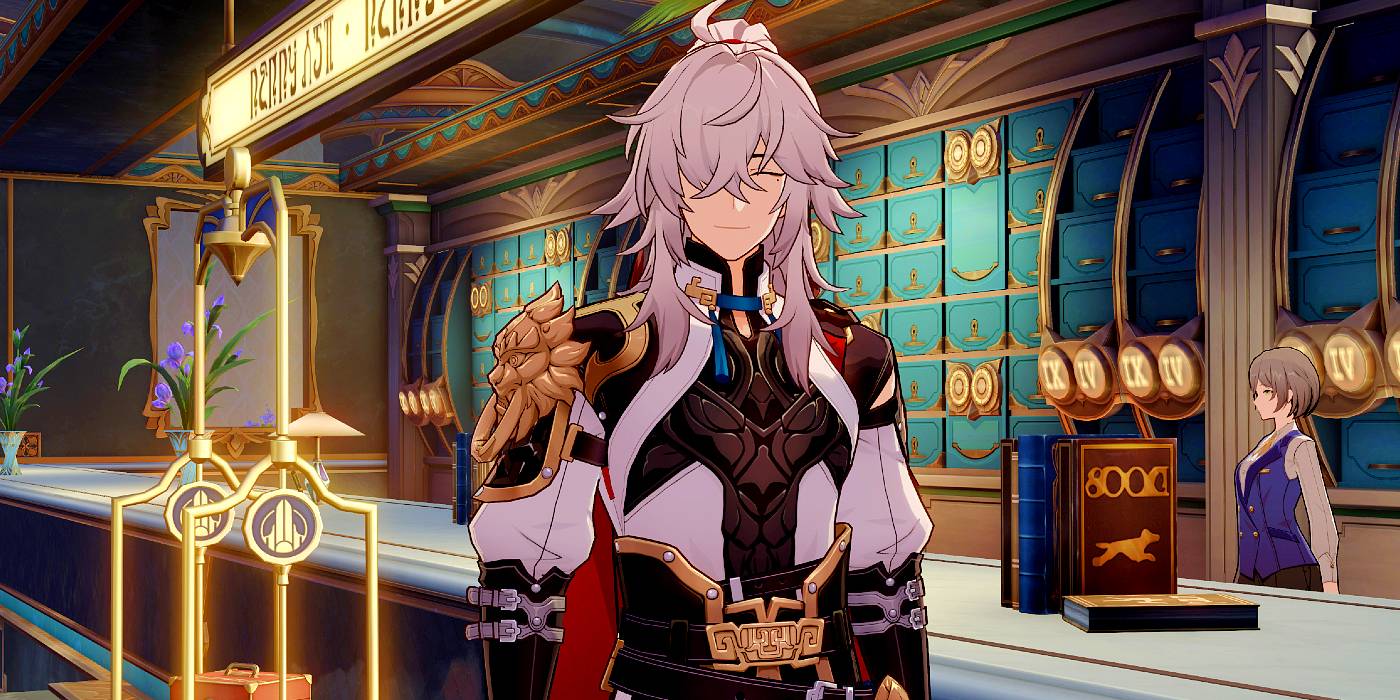 Джинь Юань из Honkai Star Rail улыбается в отеле Penacony.