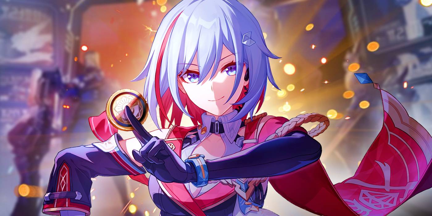 Topaz из Honkai Star Rail держит монету в пальцах, за ней происходит взрыв.