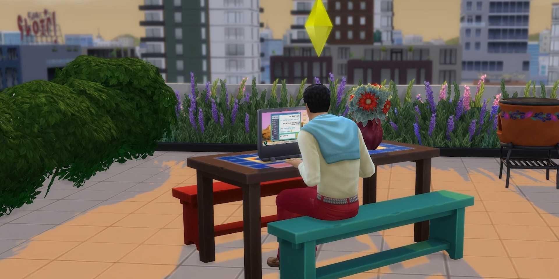 Персонаж в The Sims 4 Lovestruck, использующий приложение для знакомств.