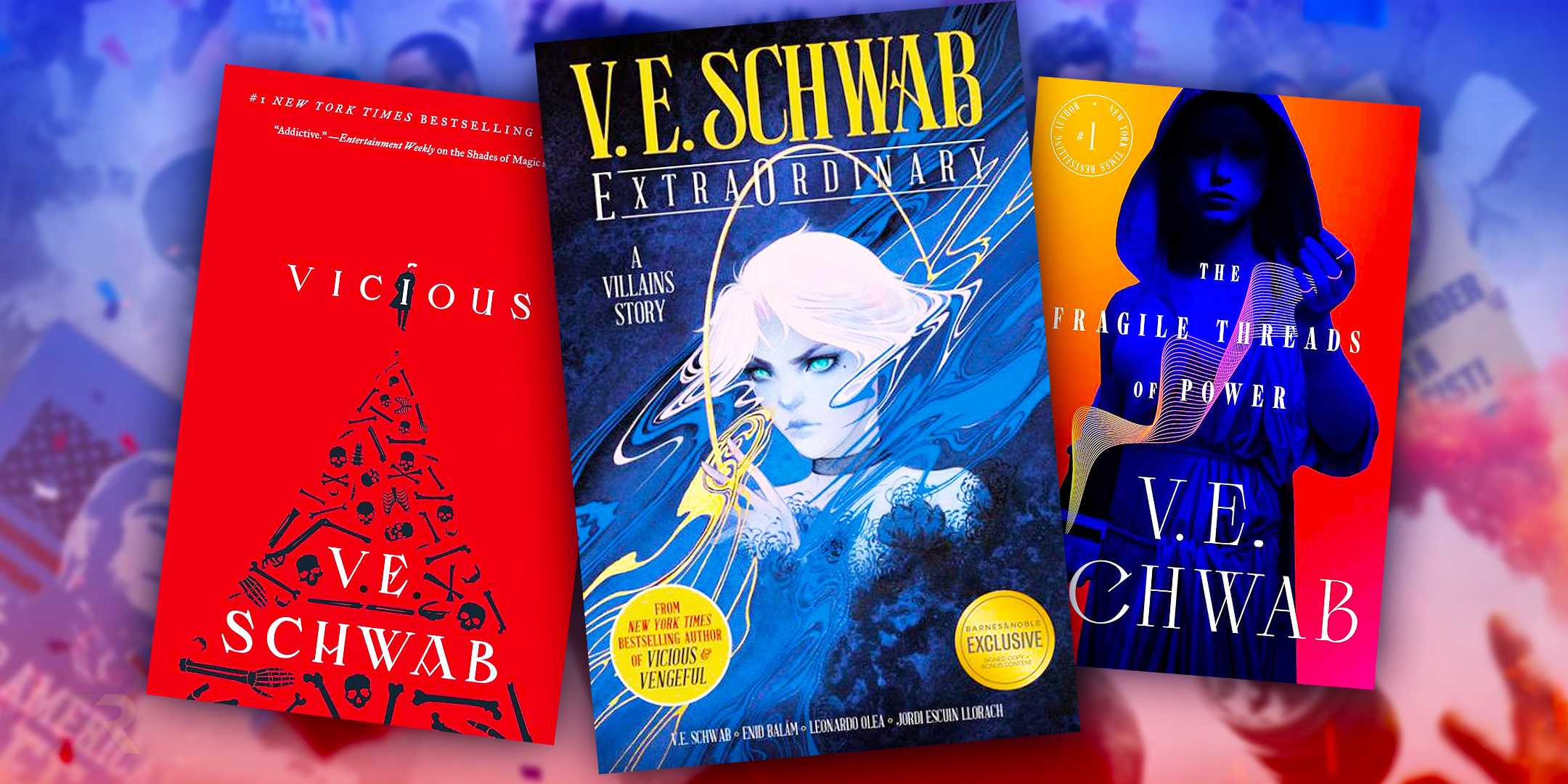 Обложки книг "Vicious", "Extraordinary" и "The Fragile Threads of Power" В.Э. Шварба