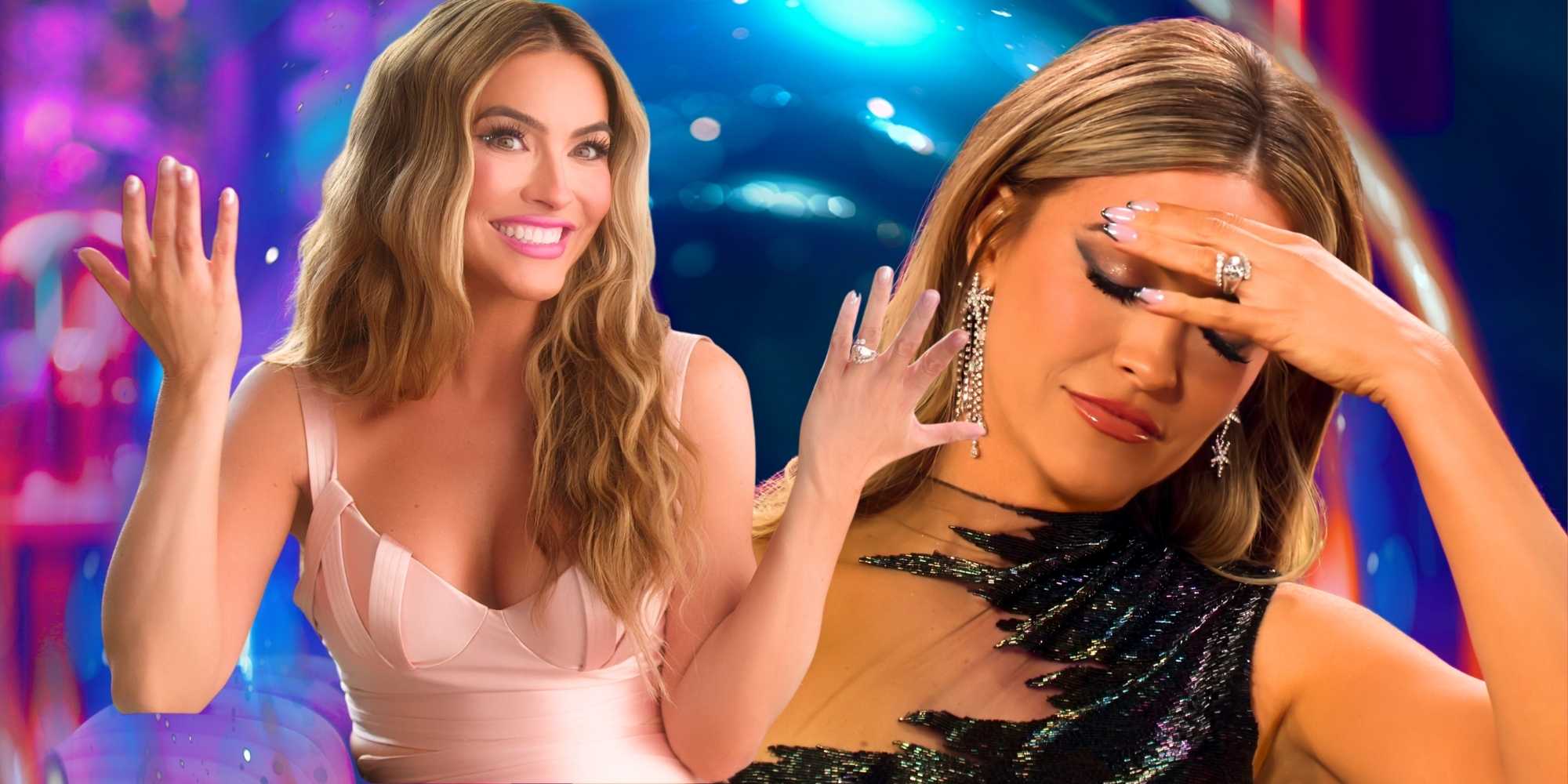 Кришлл Стаус из "Sunset", выглядит смущенной и поднимает руки, слева, над своим лицом справа.