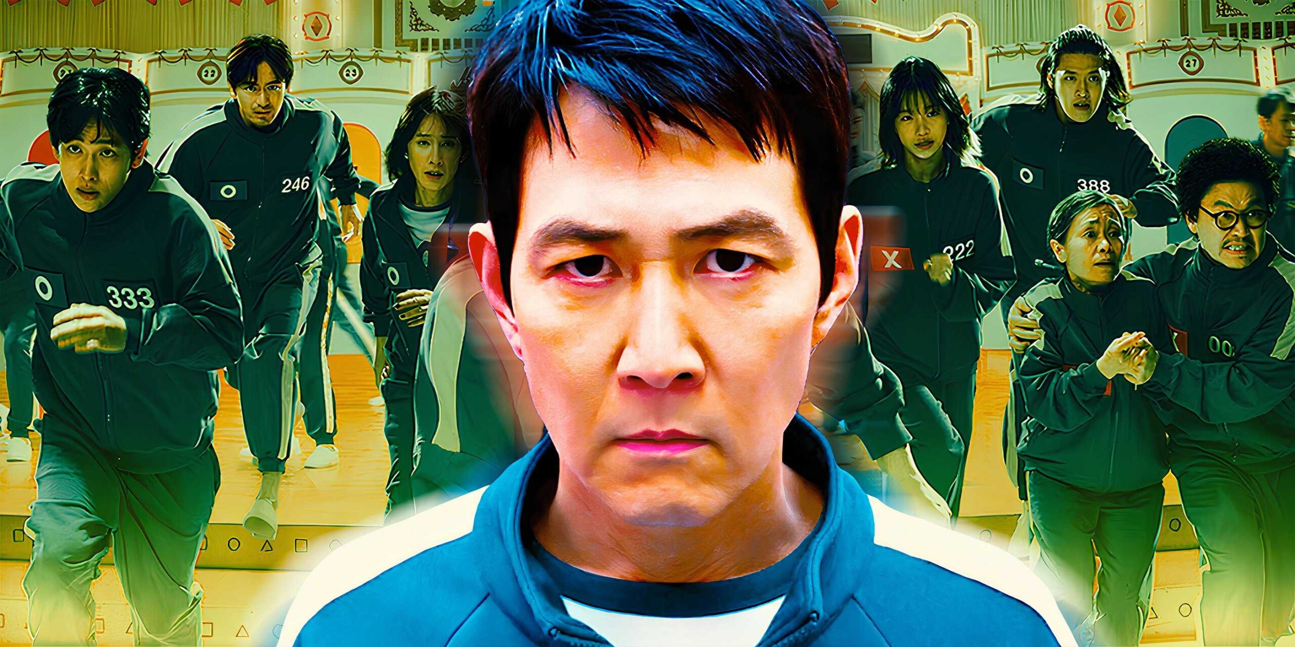 Отредактированное изображение Ги-хуна перед остальной частью актеров второго сезона "Игра в кальмара".