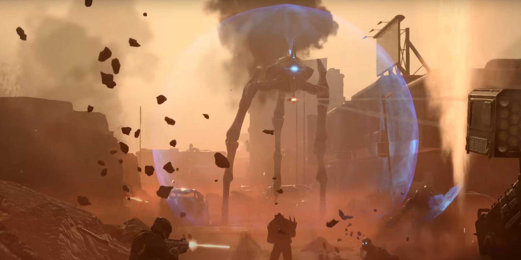 Враг "Helldivers 2 Harvester Illuminate faction" атакует с огромным щитом