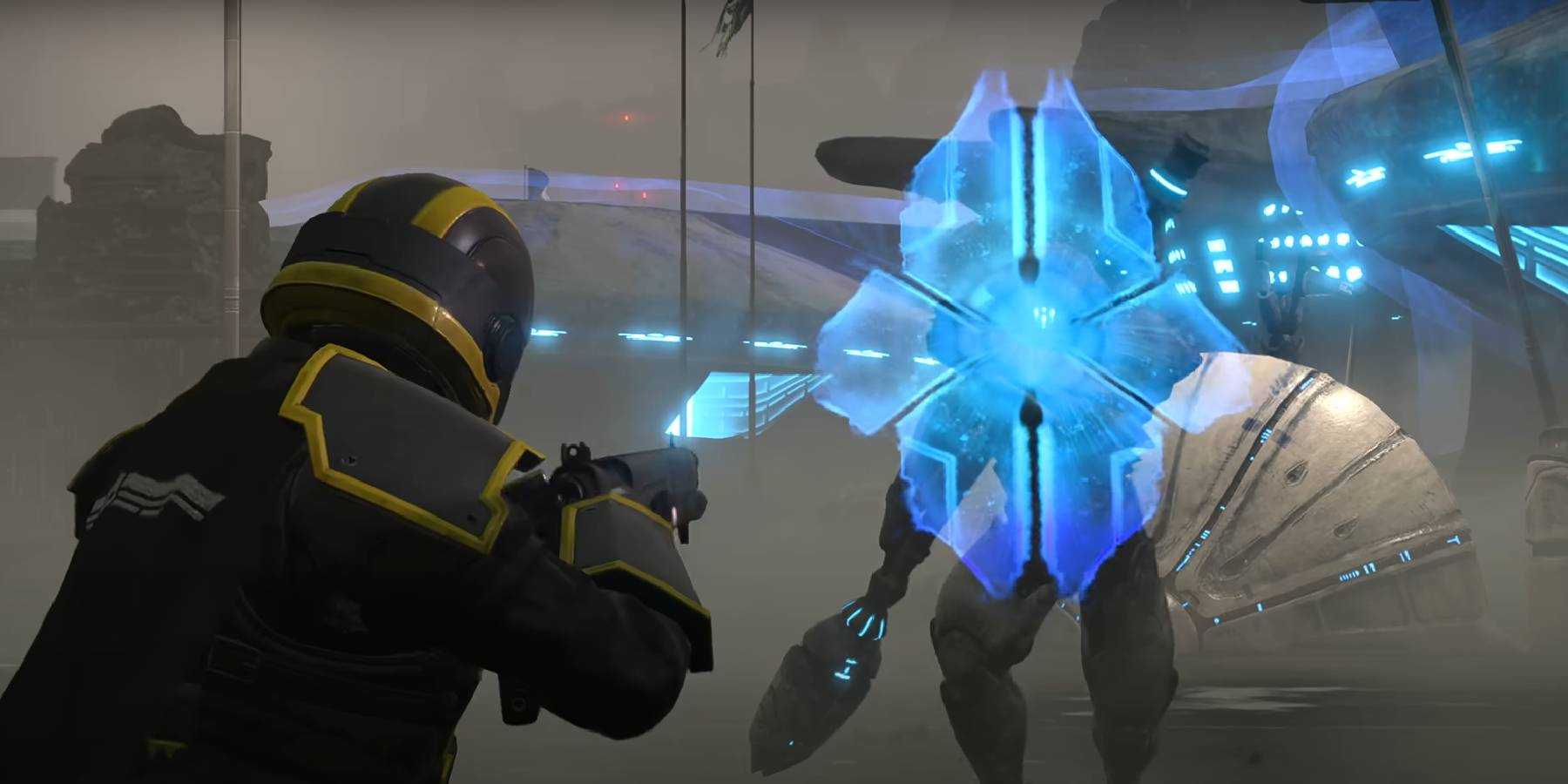 Helldiver из Helldivers 2, сражающийся с врагом-надзирателем из фракции The Illuminate