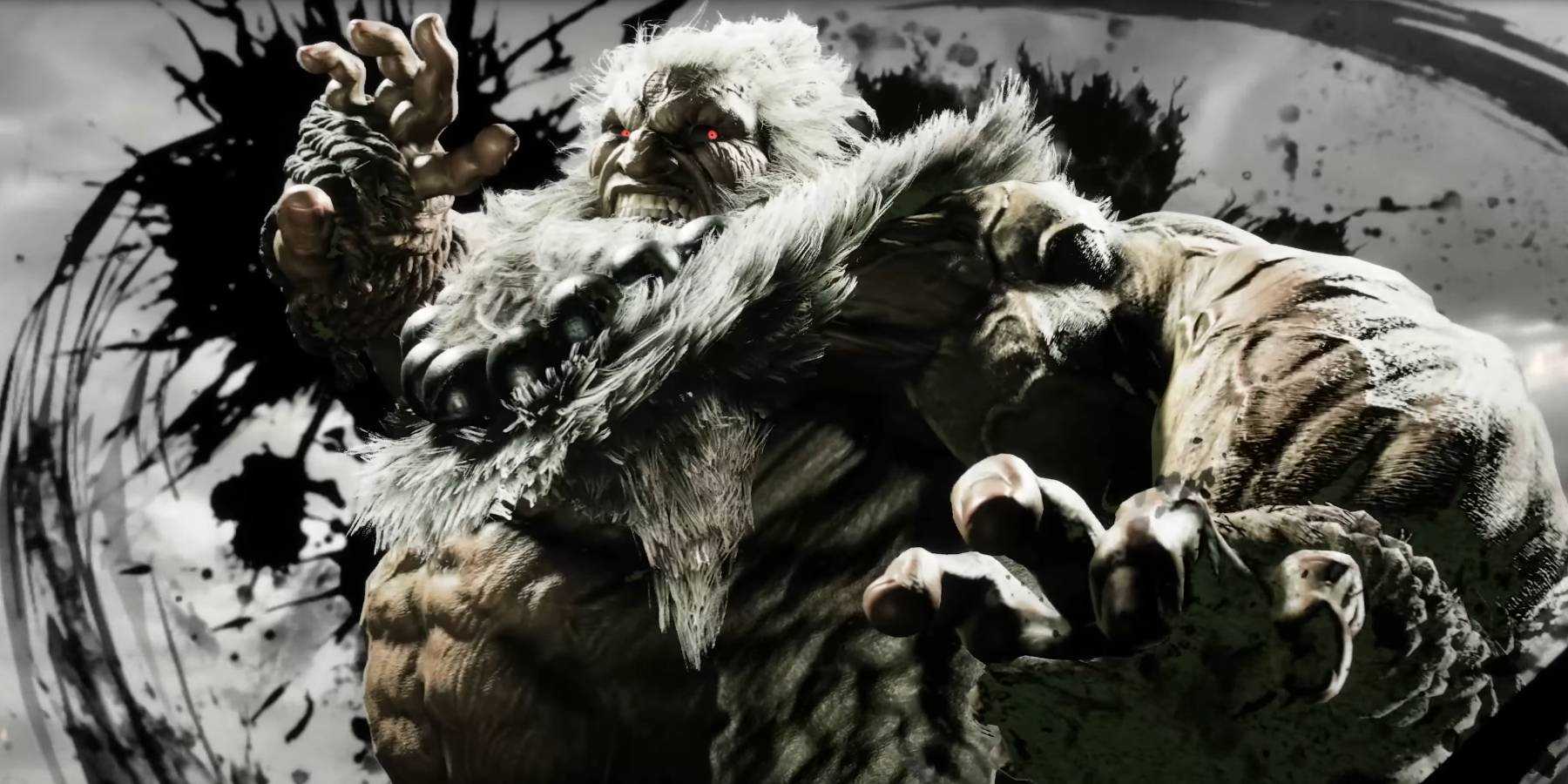 Street Fighter 6 Акума, готовящийся использовать супер-атаку Sip of Calamity 3 уровня с динамичной позой