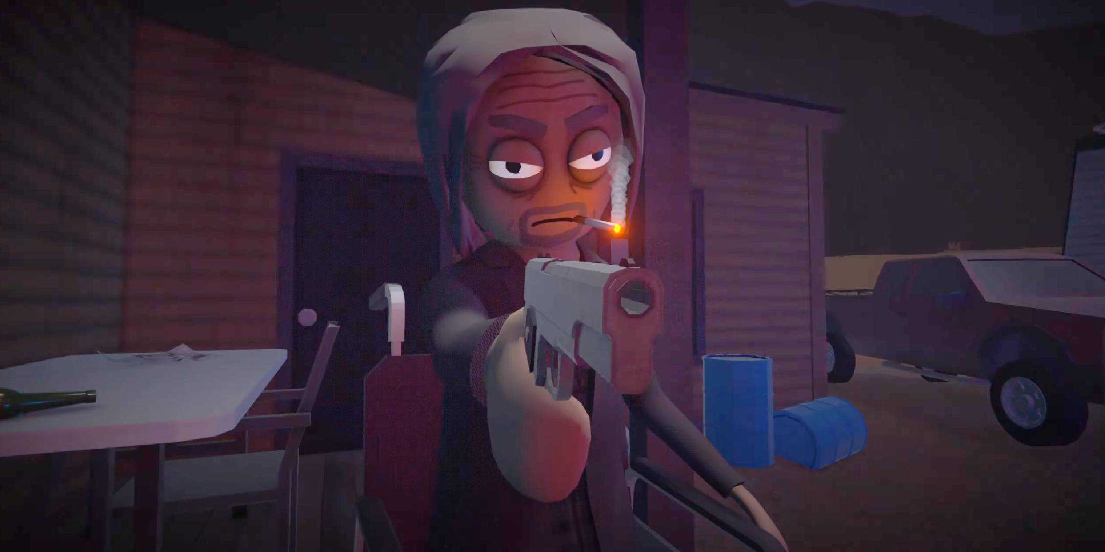 Старик из начала игры Schedule 1, направляющий пистолет на полицейских